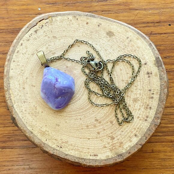 Purple Blue Polished Stone Pendant Necklace on 22 inch Antique Bronze Chain - Picture 3 of 10